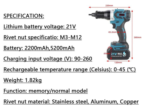 21V Cordless Electric Rivet Nut Gun Kit With Automatic Precision Fastening For M3 To M12 Sizes showing specifications and dimensions.