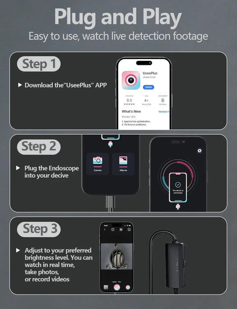 Endoscope Camera 5.5mm with 1920P HD Borescope, 8 Adjustable LED Lights, Semi-Rigid Snake Cable, IP67 Waterproof, 16.4ft Cable, Single Lens, Works with iOS and Android, Plug And Play Via UseePlus App setup steps on phone