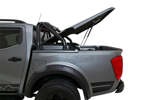 Heavy Duty 26 Inch Gas Struts With 55 Lb Force Badass Pneumatic Lift Supports for truck bed tonneau cover in open position.