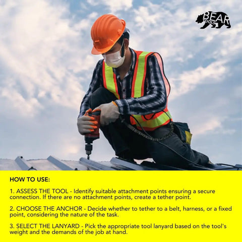 Worker on roof using Tool Lanyard With Single Aluminum Carabiner And Adjustable Loop For Handy Hand Tools Tether On Home Renovation