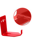 Eight Pack Fire Extinguisher Mount Bracket For Up To 40 Lbs Universal Wall Hanger red iron bracket with mounting holes and detail view