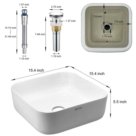 Square Ceramic Vessel Sink For Bathroom 15 By 15 Inch Above Counter White Vanity Basin With Pop Up Drain dimensions and details