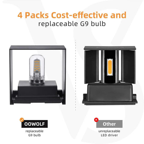 Comparison of Four Pack Modern LED Wall Sconces Waterproof IP65 with replaceable G9 bulb next to unreplaceable LED driver