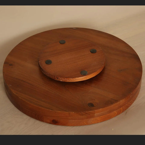 13.38 Inch Round Solid Wood Lazy Susan Turntable Tray for Cabinets, brown finish, shown from side with smooth swivel base