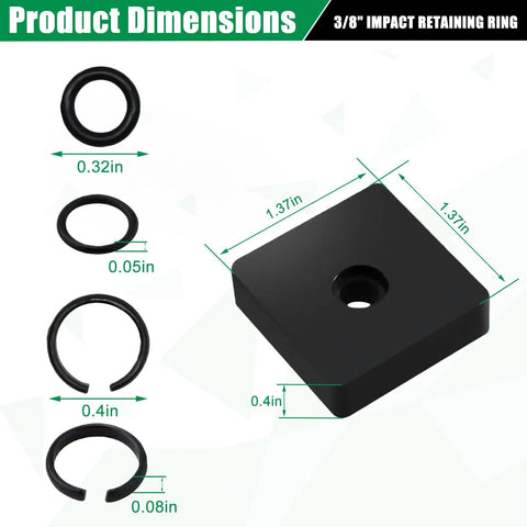20 Pack 3/8 In Impact Wrench Friction Retaining Ring Kit With O Rings And Anvil Socket Dead Nuts Reliable Replacement gear dimensions showing size of retaining rings and socket.