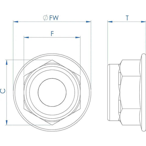 Technical drawing of Pack Of 25 M5 X 0.8 DIN 6926 Hex Flange Nylon Insert Lock Nuts, 18-8 Stainless Steel 304 Bright Finish, Thread Size M5