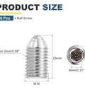 Diagram showing Stainless Steel M16x25 Ball Point Set Screws with Hex Socket Spring Plungers, detailing measurements and hex drive size.