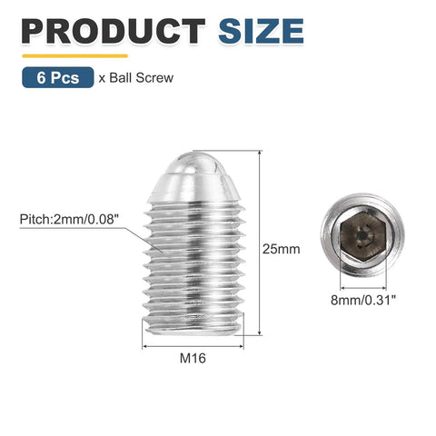 Diagram showing Stainless Steel M16x25 Ball Point Set Screws with Hex Socket Spring Plungers, detailing measurements and hex drive size.