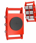 Heavy Duty Machinery Mover Skates Dolly With 360 Degree Swivel Turntable showcases a steel base and roller wheels for moving heavy items.