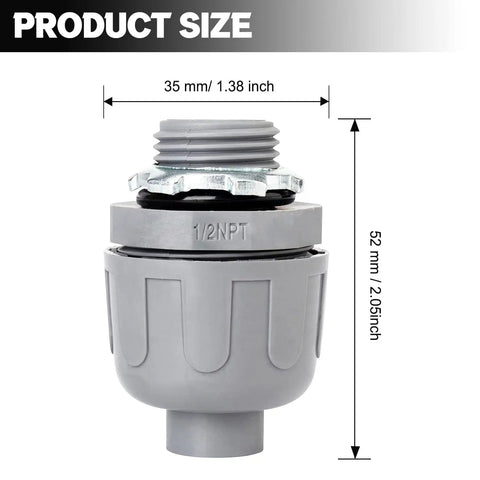 Rock Solid Heavy Duty 1/2 Inch Liquid Tight Connector Fitting Set with dimensions 35mm diameter and 52mm height.