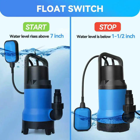 No Stress Heavy Duty 1.5HP Submersible Sump Pump with float switch for automatic operation in water drainage.