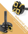 Slab Flattening Router Bit With Two Plus Two Carbide Inserts, One Quarter Inch Shank, One And Three Eighths Inch Cutting Diameter, Long Life TiN Coating For Smoother Spoilboard Surfacing shown in industrial-grade design.