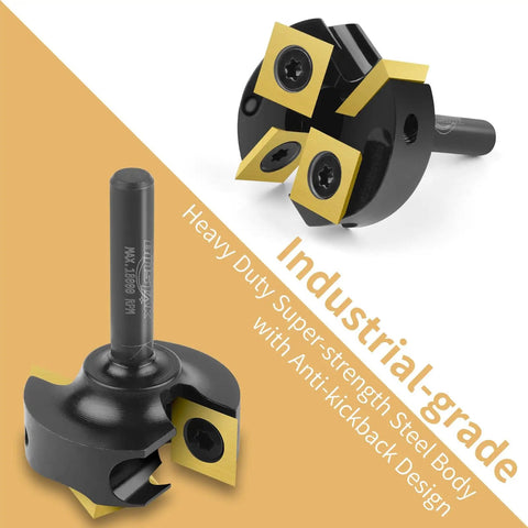 Slab Flattening Router Bit With Two Plus Two Carbide Inserts, One Quarter Inch Shank, One And Three Eighths Inch Cutting Diameter, Long Life TiN Coating For Smoother Spoilboard Surfacing shown in industrial-grade design.