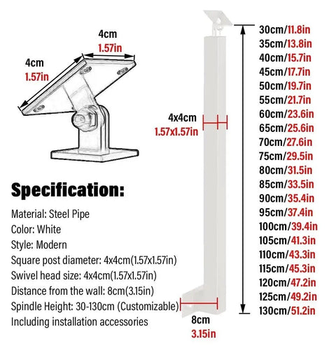 Hella Sturdy White Stainless Steel Stair Spindles For Deck And Porch, Quick DIY Side Mount Handrail Balusters With Adjustable Brackets, Zero Hassle Setup, Includes Screws, 25 Pack specifications diagram.