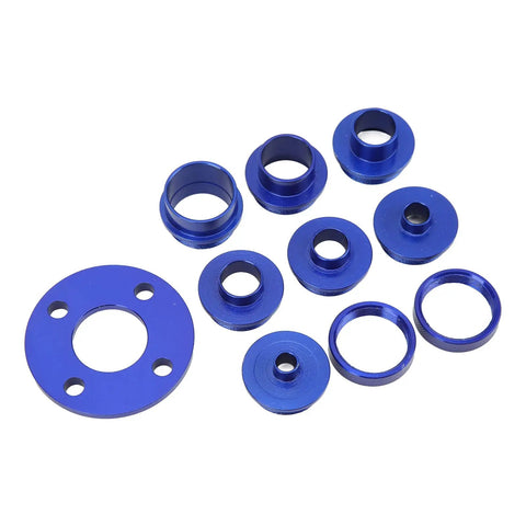 Badass Aluminum Alloy Router Guide Bushing Set With Eight Precision Template Guides And Two Heavy Duty Lock Nuts showing blue aluminum bushings.