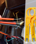 6 Piece Mini Wire Stripper Set With Sharp Blades For RJ45 Cat5 Cat6 Cables, yellow tools beside stripped wires