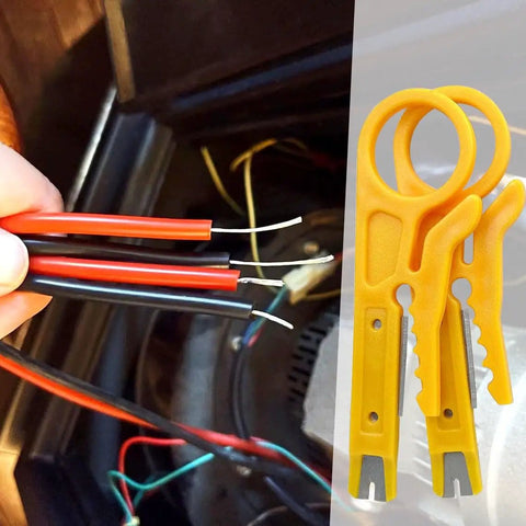 6 Piece Mini Wire Stripper Set With Sharp Blades For RJ45 Cat5 Cat6 Cables, yellow tools beside stripped wires