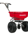 Beefy 80-Pound Capacity Professional Turf Spreader With Stainless Steel Frame, red heavy-duty poly body, and large wheels for lawns