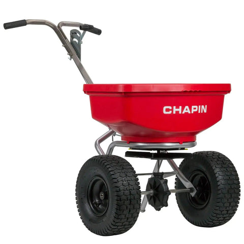 Beefy 80-Pound Capacity Professional Turf Spreader With Stainless Steel Frame, red heavy-duty poly body, and large wheels for lawns
