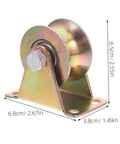 Two Pack Heavy Duty Track Pulley Wheels For Sliding Doors Built Tough Easy Install Ideal For Garage Doors And Industrial Use Lifting Pulley And Ceiling Mount Pulley Included Durable And Vibration Reducing with dimensions labeled.