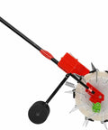 Walk Behind Hand Push Seeder With Ten Equidistant Nozzles, side view of garden row crop planter tool with wheel and handle