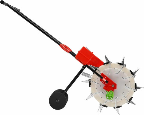 Walk Behind Hand Push Seeder With Ten Equidistant Nozzles, side view of garden row crop planter tool with wheel and handle