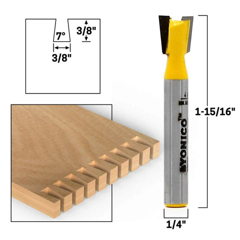 Hella Sharp 5 Piece Dovetail Router Bit Set With Quarter Inch Shank And Ridiculously Durable Tungsten Carbide Blades shown with detailed measurements.