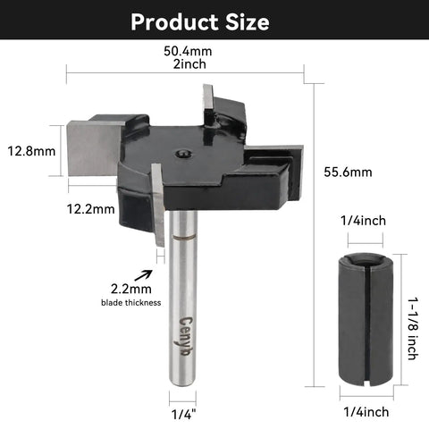 Pro Grade 4 Flute CNC Spoilboard Surfacing Router Bit With 1 Quarter Inch Shank And 2 Inch Cutting Diameter Anti Kickback Design 89 HRC YG8 Tipped Includes Router Collet For Precision Woodworking, size dimensions