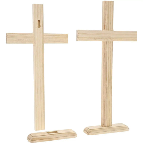 Killer Natural Unfinished Wood Crosses For Arts And Crafts Projects And 2 Pack Measuring 7.9 X 15.5 Inches with bases.