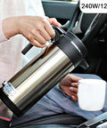 Person using Road Ready Dope Portable Water Heater For Car And Truck 12V 24V large stainless steel thermos in vehicle.