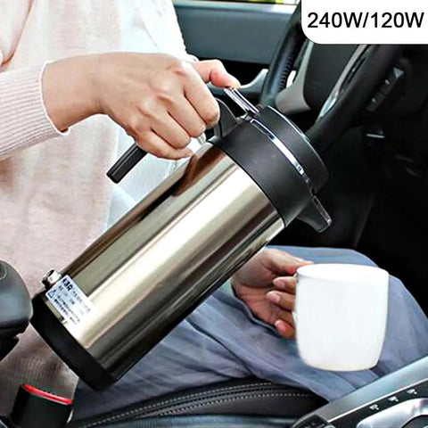 Person using Road Ready Dope Portable Water Heater For Car And Truck 12V 24V large stainless steel thermos in vehicle.