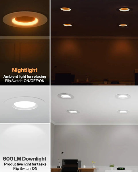 Absolute Upgrade 96 Pack 4 Inch Led Recessed Downlights Slim Baffle Retrofit Can Bulbs Featuring Dimmable 600 Lumens And Switchable Color Temps For Seamless Home Ambiance, showing lights in relaxed and productive settings.