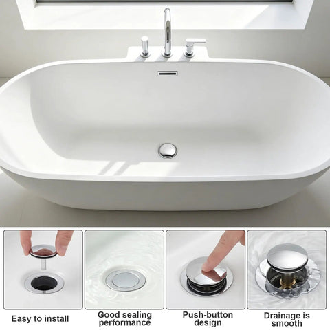 Rotary Bath Tub Plug Drain Stopper for Bathtub Overflow Cover in a modern white tub; smooth chrome finish and easy installation.