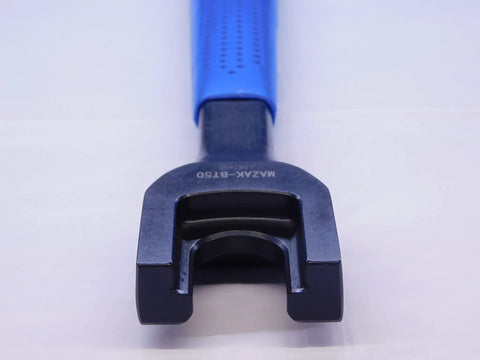 Heavy Duty Mazak BT50 Pull Stud Spanner Wrench For BT50 Retention Knobs with blue handle and precision machined jaws.