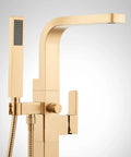 Hibiscus Straight Up Modern Freestanding Tub Faucet Forged From Solid Brass Featuring Integrated Hand Shower On Flex Hose, close-up detail.
