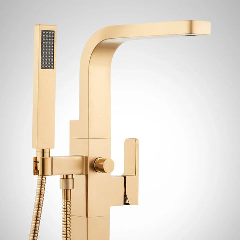 Hibiscus Straight Up Modern Freestanding Tub Faucet Forged From Solid Brass Featuring Integrated Hand Shower On Flex Hose, close-up detail.