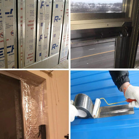 Aluminum foil HVAC tape, 2 in x 70 yd, 3.6 mil, metallic silver, applied to metal duct seam (installation view)