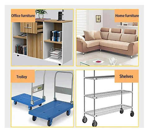 Heavy Duty Leveling Caster Wheels Featuring Two Inch Polyurethane Swivel Rollers And Quick Adjust Feet For Shop Tables And Gear, showcasing office furniture, a blue trolley, and shelves.
