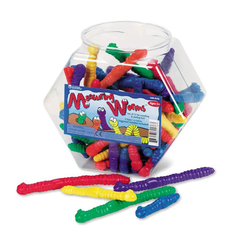 Measuring Worms Counting Toy Set For Kids, 72 Colorful Squishy Worms In Six Colors And Four Sizes in a clear storage bucket