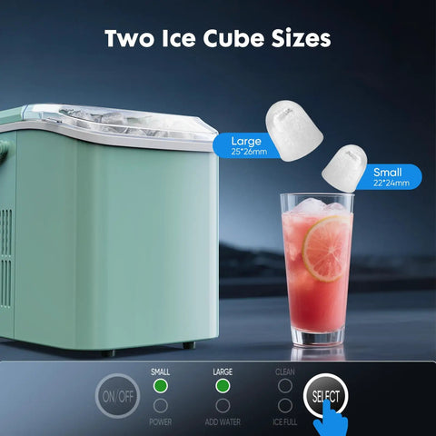Countertop Ice Maker With Scoop, Basket And Handle, Portable Ice Machine That Cranks Out 9 Bullet Ice Cubes, Two Sizes Shown