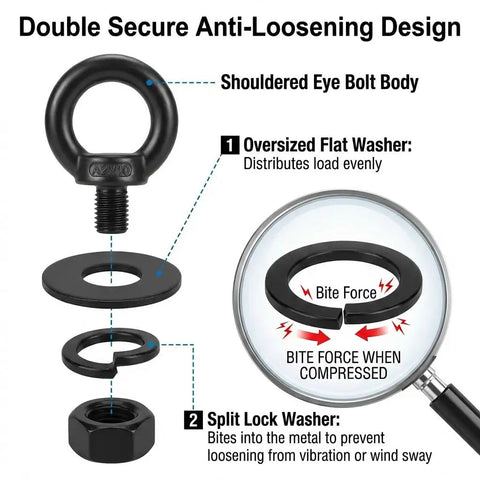 Exploded view of Beefy 6 Pack M8 X 0.55 Inch Stainless Steel Eye Bolts With Nuts And Lock Washers, showing components and design features.