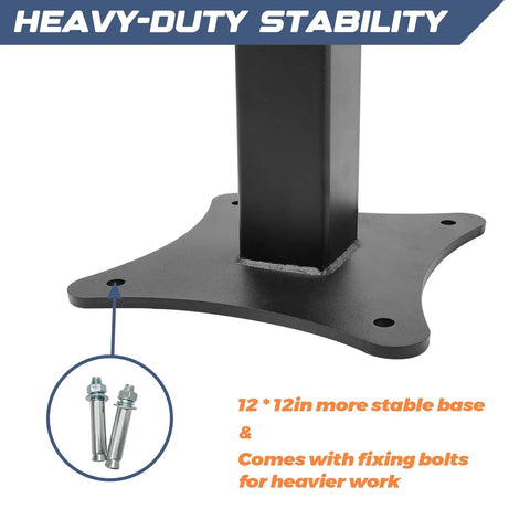 Base of Heavy Duty Bench Grinder Stand With Vise Mount And Drill Press Ready Base, featuring 12x12in stable base and fixing bolts.