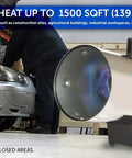 Big 60,000 BTU Portable Propane Forced Air Heater For Outdoor Use heating garage area with car and mechanic nearby