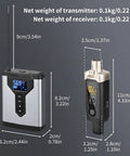 Zero Latency Wireless In Ear Monitor System With Transmitter And Clip On Receivers dimensions and weight shown.