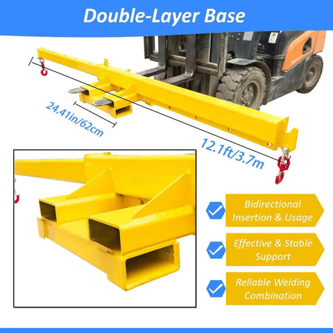 Heavy Duty Forklift Jib Crane 3 Ton Capacity Telescopic Boom Hoist with double-layer base and hooks for material handling.