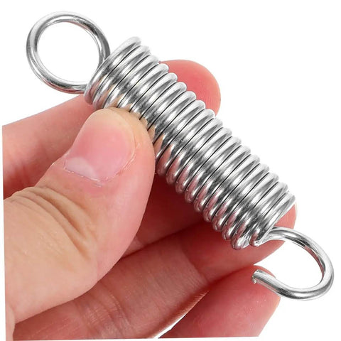 Eight Pieces Extended Compression Spring Assortment Kit For Electric Vehicle Stands Ladder Foot Supports With Heavy Duty Stainless Steel Build For Reliable Structure And Smooth Easy Use In Garage Or Home Projects. stainless steel compression spring with loop ends held in hand