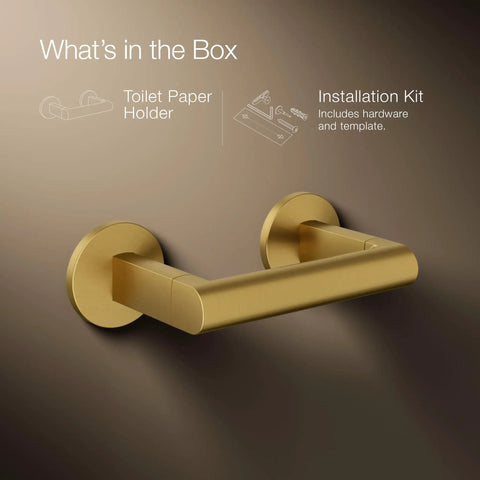 Components Pivoting Toilet Paper Holder With No Fuss Quick Change Design shown with installation kit and hardware.