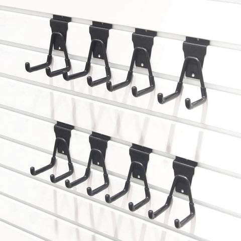 Black Slatwall Hooks And Hangers Set, 8 Pack, Heavy Duty Slat Wall Accessories For Garage Organization installed on wall