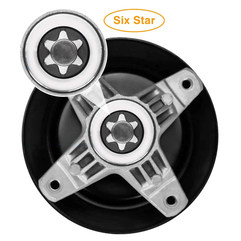 Bulletproof Blade Spindle Assembly Fits Craftsman Cub Cadet Troy Bilt 42 Inch Riding Lawn Mower Deck showing six star design with bearings.