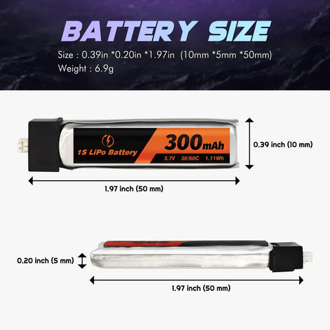 1S LiPo Battery Pack With Micro JST 1.25 Connector For Tiny Whoop Drones, 3.7V 300mAh 30C High-Discharge Cells, Plug-And-Go